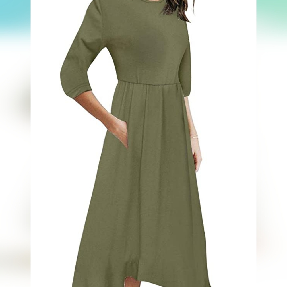 Womans 3/4 balloon sleeve high waist midi dress with pockets